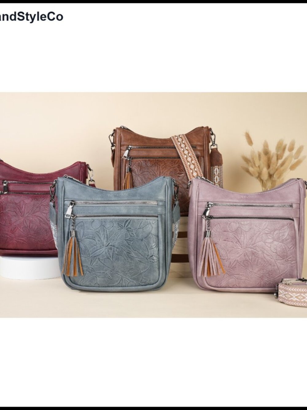 Faux Leather Medium Crossbody Hobo Bag Butterfly Embossed Tassel Wide Strap - Picture 6 of 6